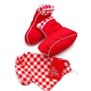 My Down Booties Slippers Womens S/M 233 TC 3oz White Down Red Plaid NWT